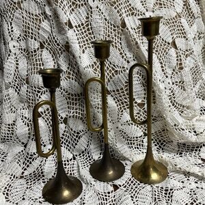 Set of three brass horn candle holders , vintage brass Christmas candlesticks